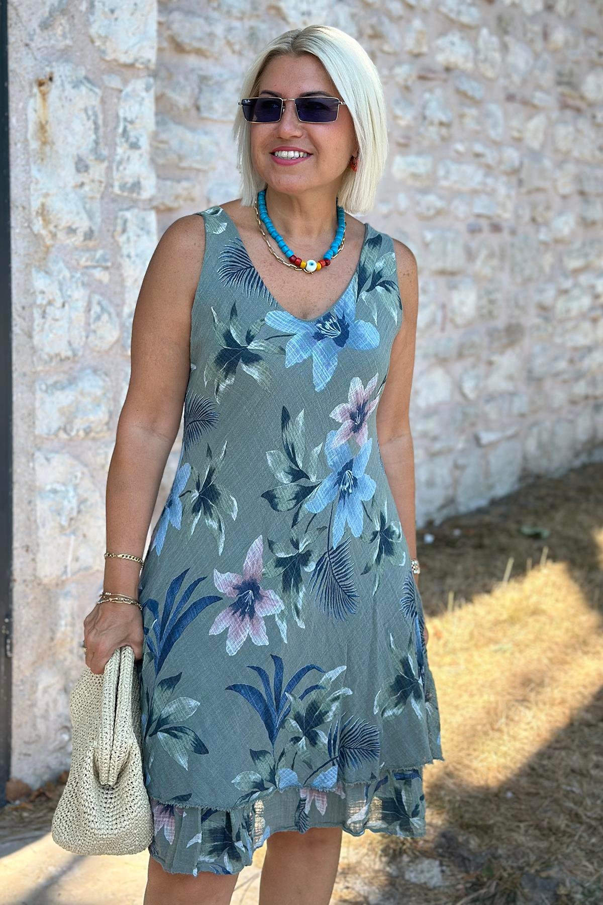 Haki Kolsuz Ön Arka V Yaka İki Kat Pamuk ElbiseELB2401322-HAKI-STD