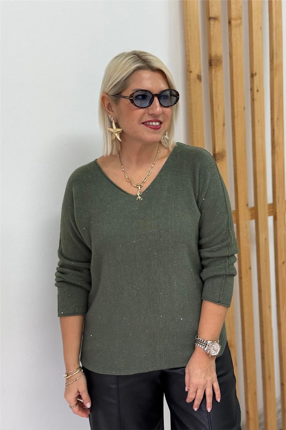 Haki V Yaka Pullu Uzun Kol İthal TrikoUT24111047-HAKI-STD