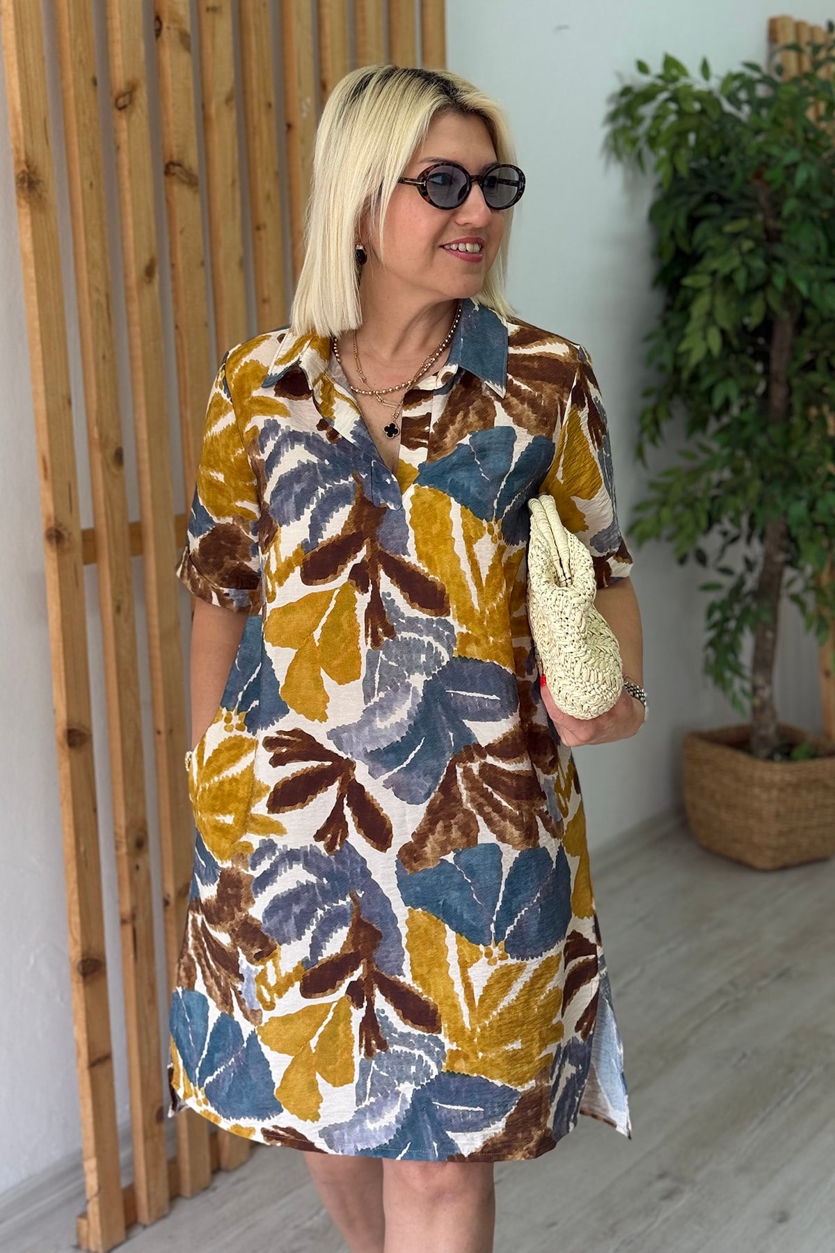 Hardal Polo Yaka Yarım Pat Yandan Yırmaçlı Desenli ElbiseELB26001051-HARDAL-S