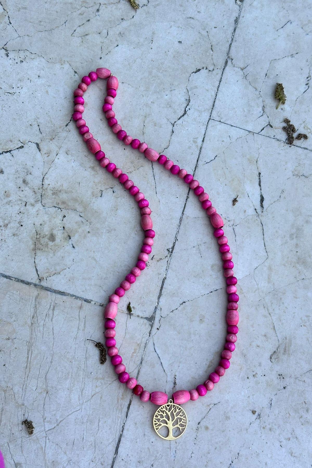 Hayat Ağacı Temalı Pembe Boncuk Detaylı KolyeAKL24111297-PEMBE-STD