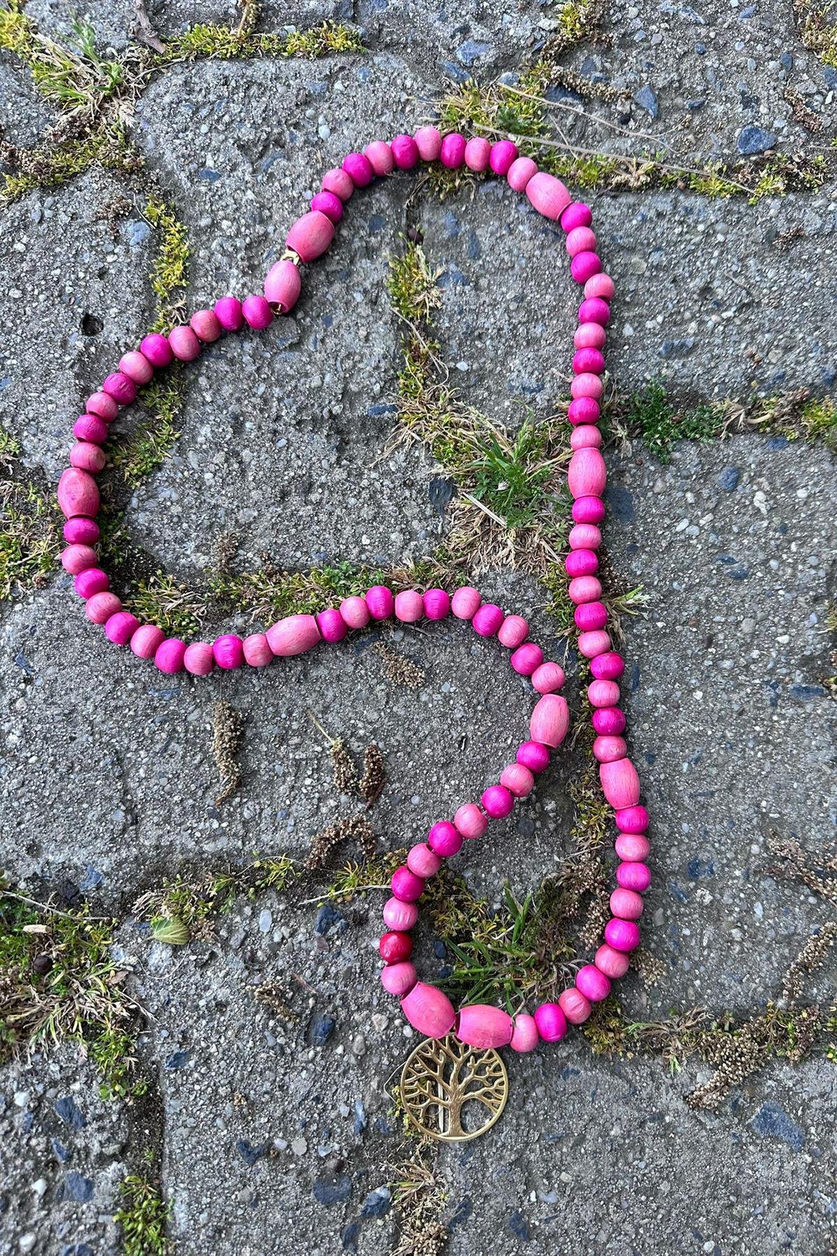 Hayat Ağacı Temalı Pembe Boncuk Detaylı KolyeAKL24111297-PEMBE-STD