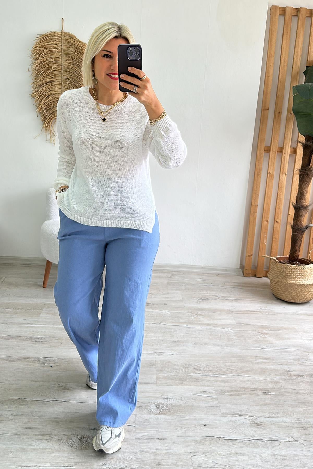 İndigo Beli Lastikli Bol Paça Full Lycralı PantolonUK224048114-INDIGO-STD