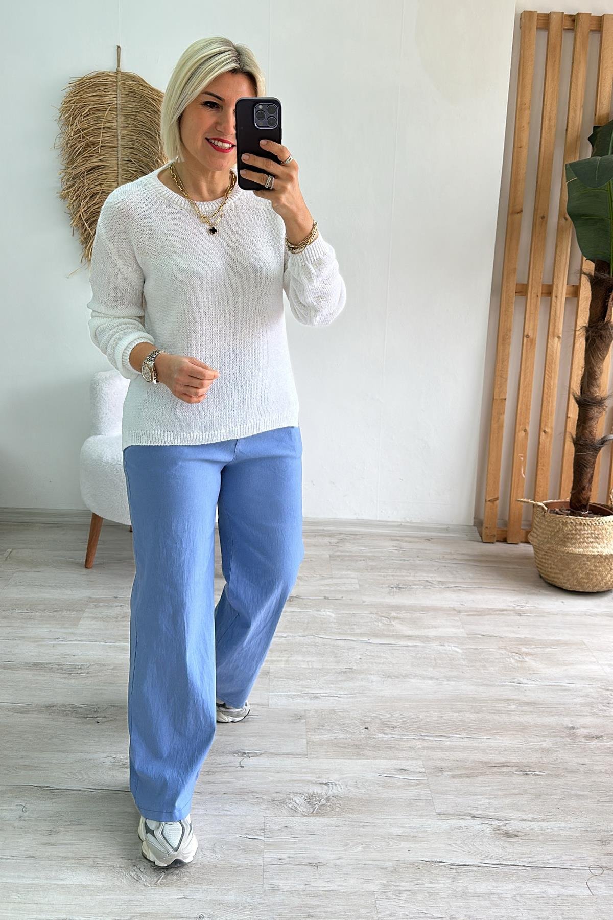 İndigo Beli Lastikli Bol Paça Full Lycralı PantolonUK224048114-INDIGO-STD