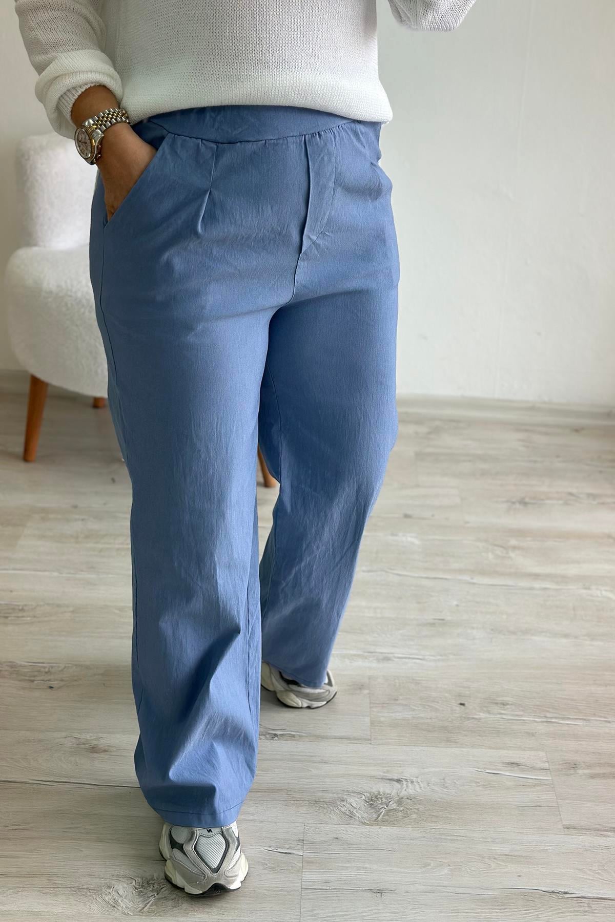 İndigo Beli Lastikli Bol Paça Full Lycralı PantolonUK224048114-INDIGO-STD