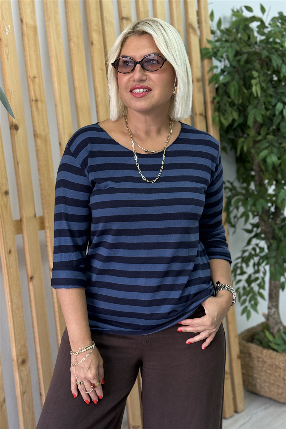 İndigo Çizgili Uzun Kol Pamuklu İthal BluzUBL2412284-INDIGO-STD