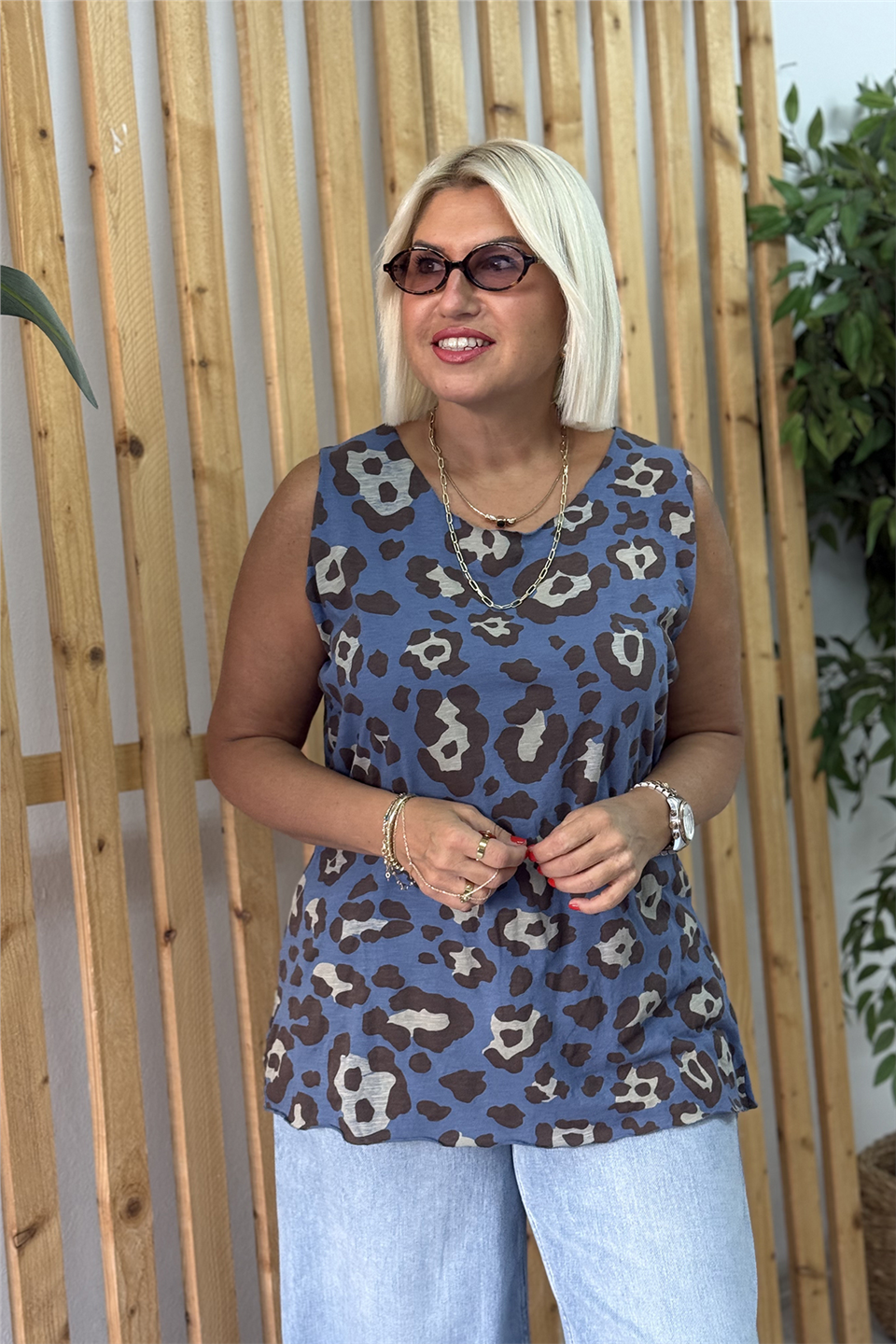 İndigo Fülarlı İçi Leopar Desenli İthal BluzUBL2412281-INDIGO-STD