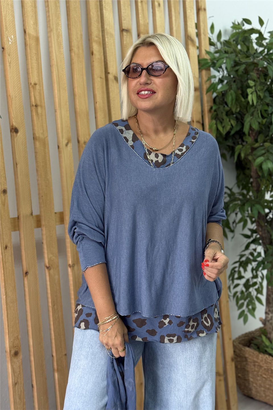 İndigo Fülarlı İçi Leopar Desenli İthal BluzUBL2412281-INDIGO-STD