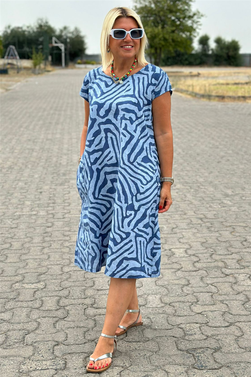 İndigo Zebra Desen Keten ElbiseUK22321211241-INDIGO-STD