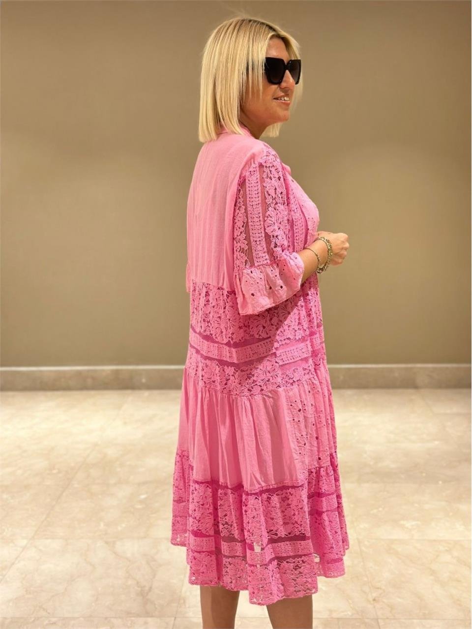 İthal Dantelli Gömlek Elbise UK22321211166-PEMBE