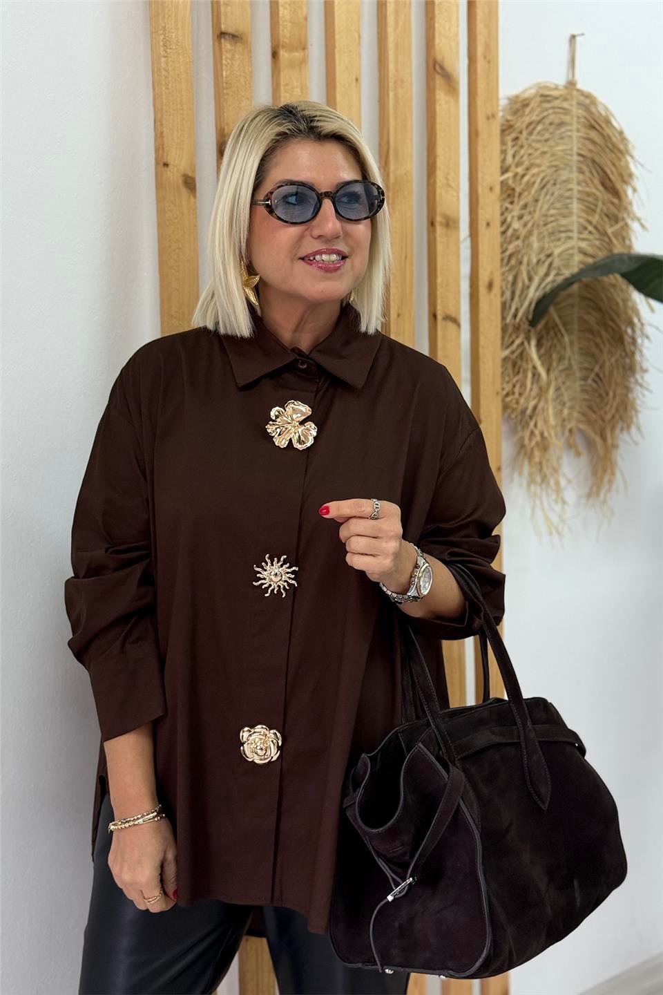 Kahve Aksesuar İğneli Salaş Cotton GömlekUG02412143-KAHVE-STD