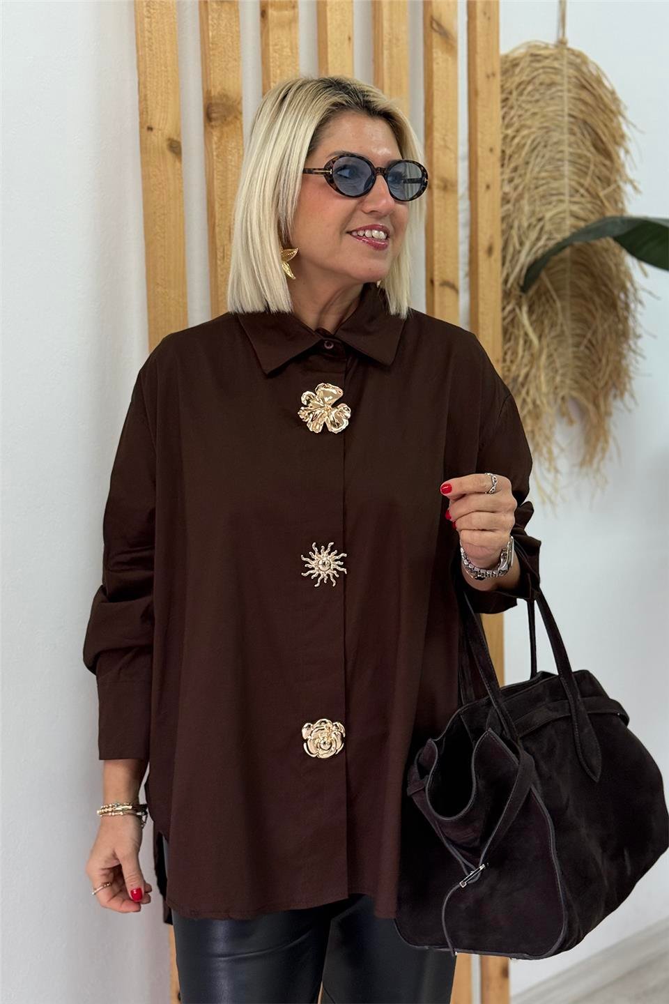 Kahve Aksesuar İğneli Salaş Cotton GömlekUG02412143-KAHVE-STD