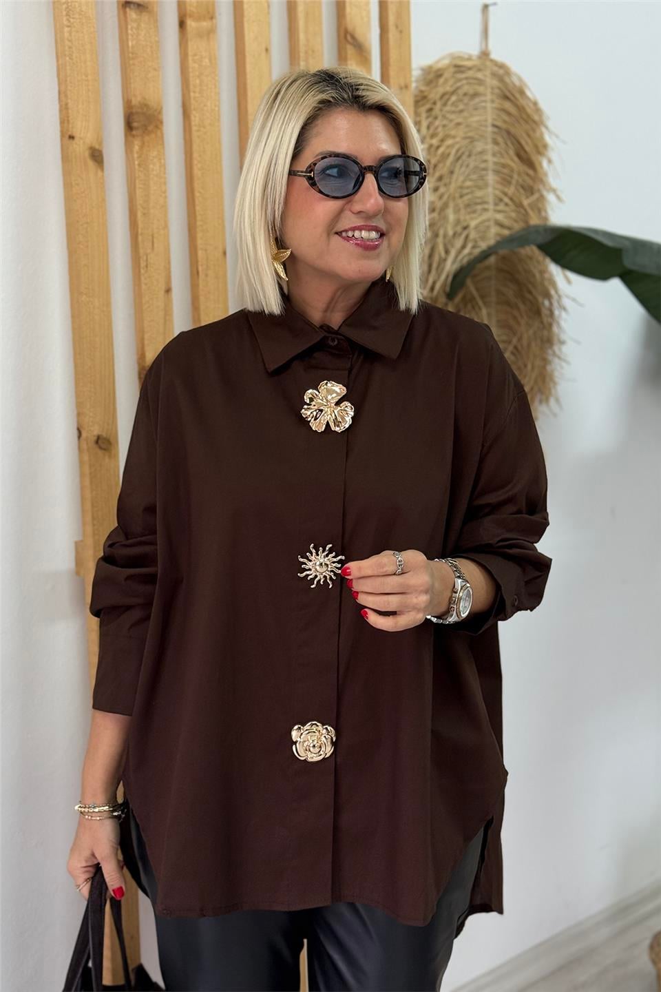 Kahve Aksesuar İğneli Salaş Cotton GömlekUG02412143-KAHVE-STD