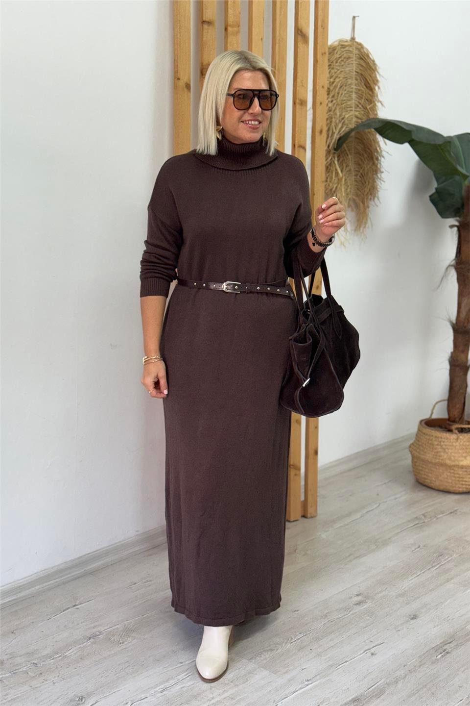 Kahve Balıkçı Yaka Kemerli Lycralı Triko ElbiseELB25013130-KAHVE-STD