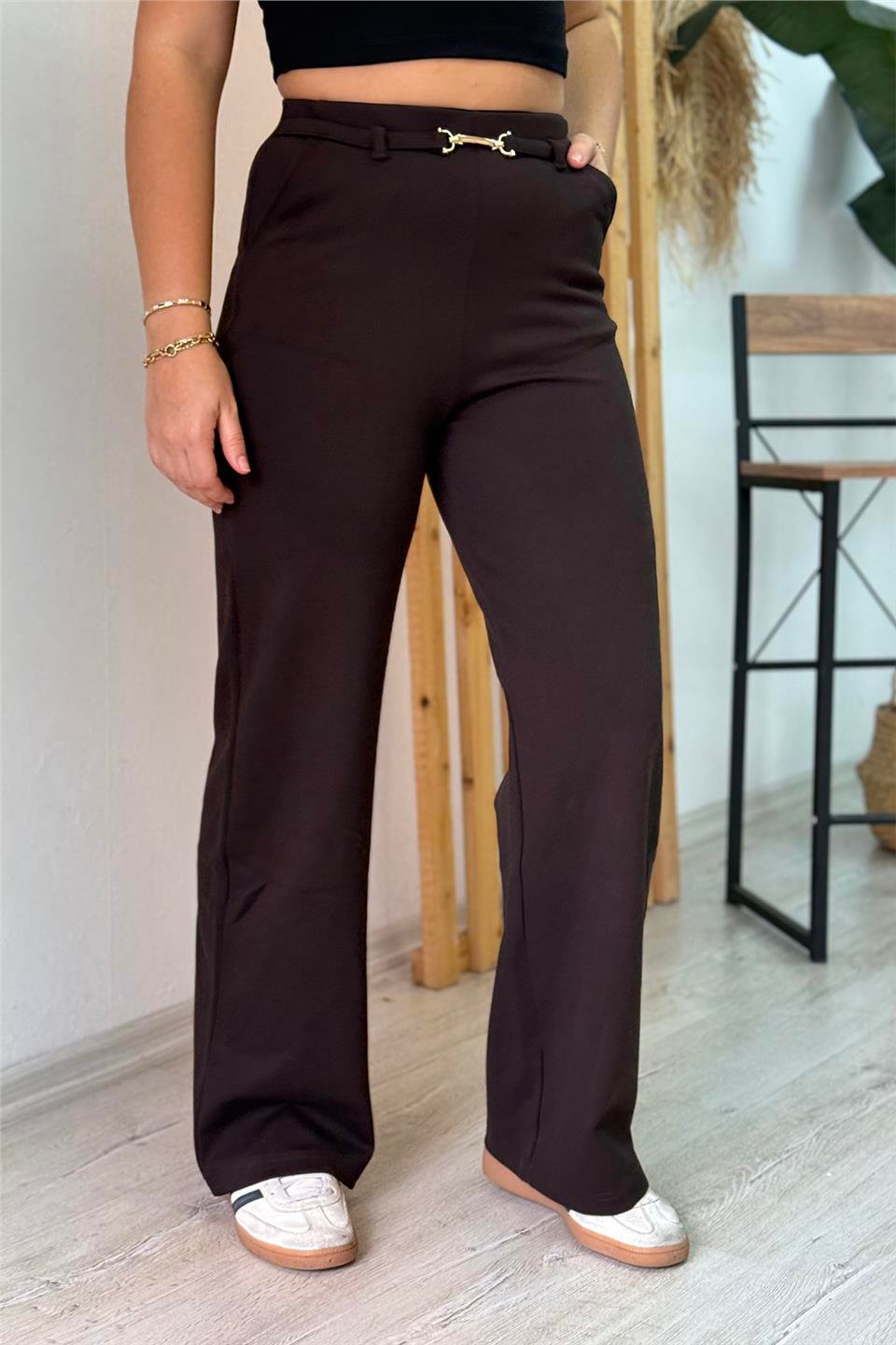 Kahve Beli Aksesuarlı Bol Paça PantolonAPNT20250913-KAHVE-36