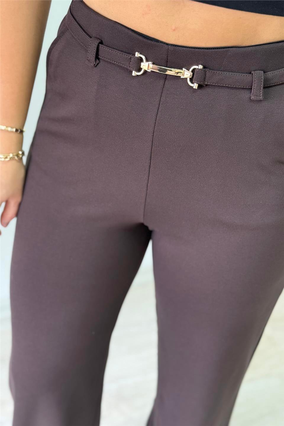 Kahve Beli Aksesuarlı Bol Paça PantolonAPNT20250913-KAHVE-36