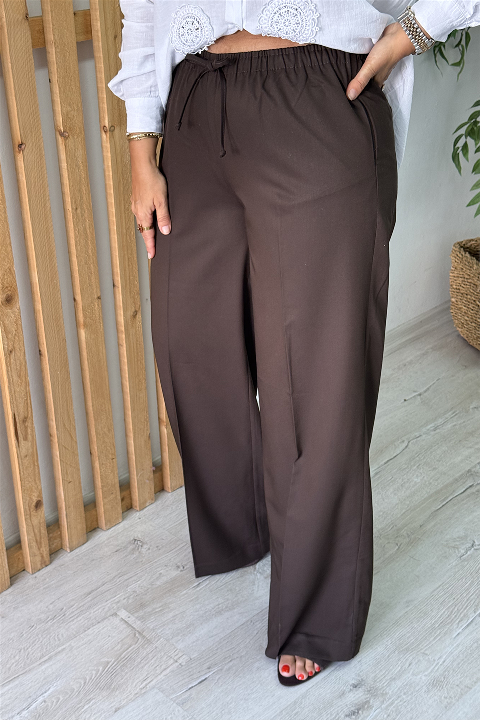 Kahve Beli Lastikli Bol Paça Pamuk PantolonAPNT20250991-KAHVE-S