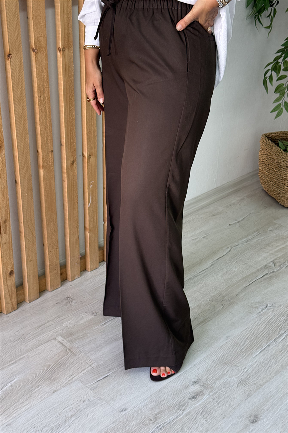 Kahve Beli Lastikli Bol Paça Pamuk PantolonAPNT20250991-KAHVE-S