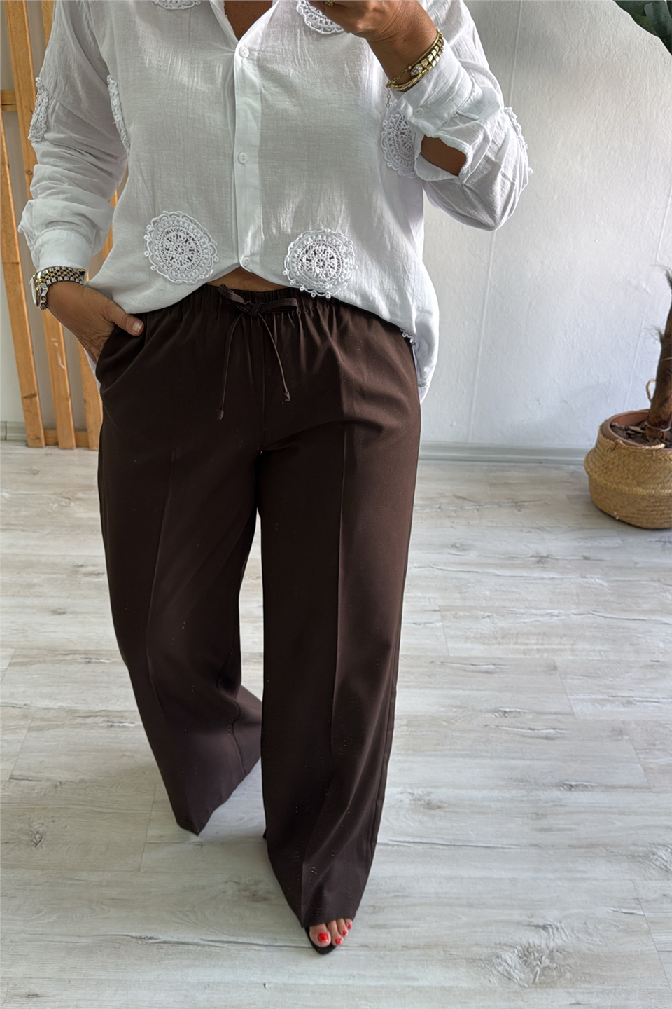 Kahve Beli Lastikli Bol Paça Pamuk PantolonAPNT20250991-KAHVE-S