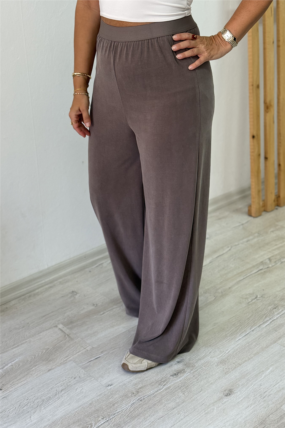 Kahve Beli Lastikli Bol Paça PantolonAPNT20250990-KAHVE-S