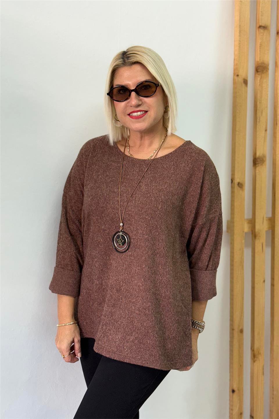 Kahve Bisiklet Yaka Kolyeli Tunik BluzUBL2412257-KAHVE-STD