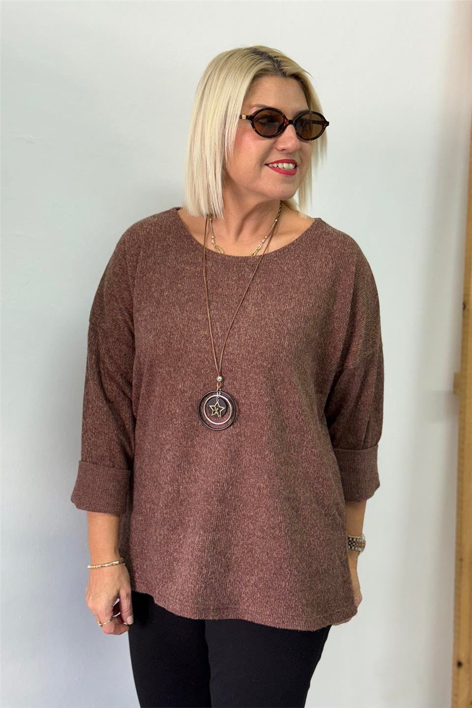 Kahve Bisiklet Yaka Kolyeli Tunik BluzUBL2412257-KAHVE-STD