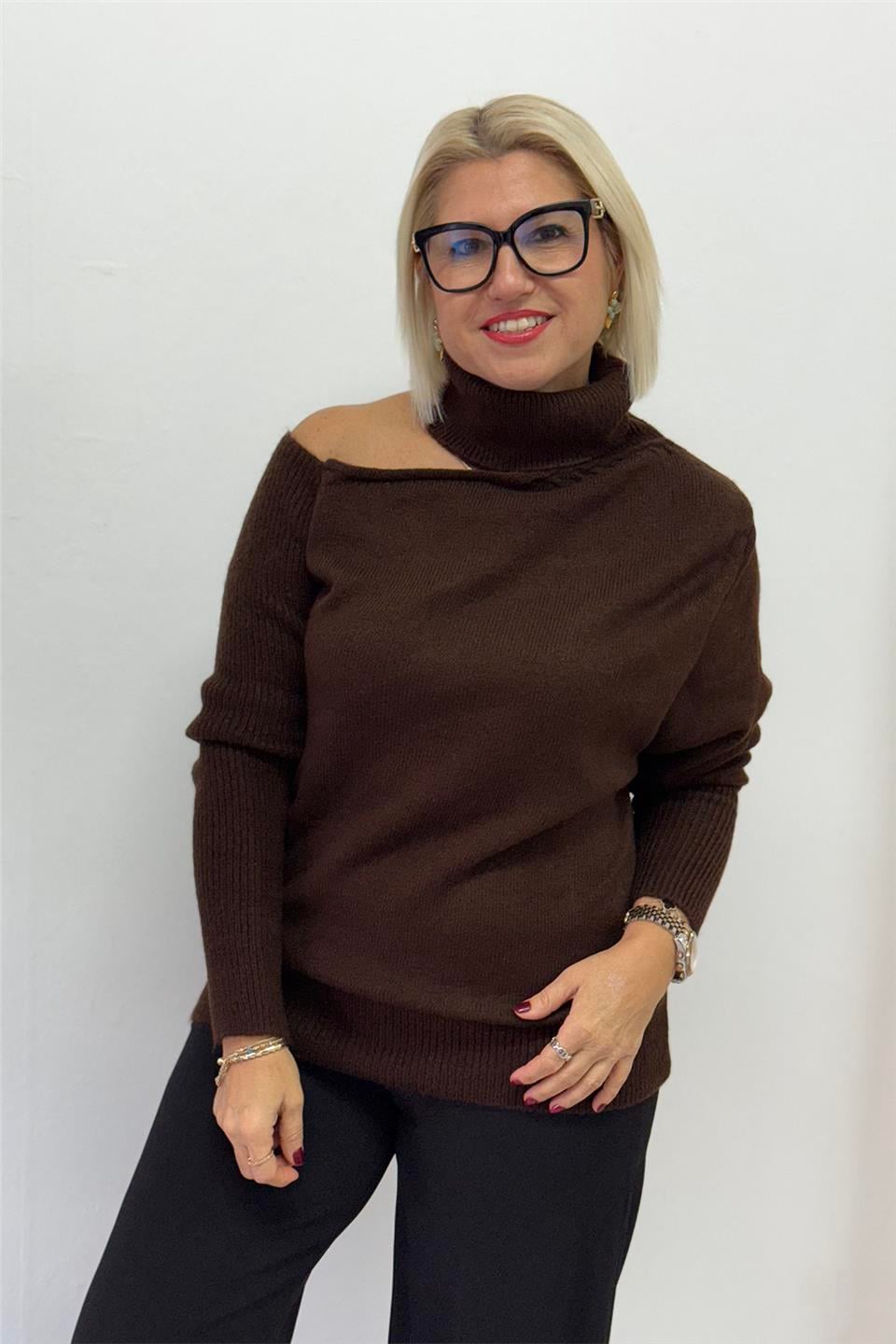 Kahve Düşük Omuzlu Balıkçı Yumoş TrikoUT24111015-KAHVE-STD