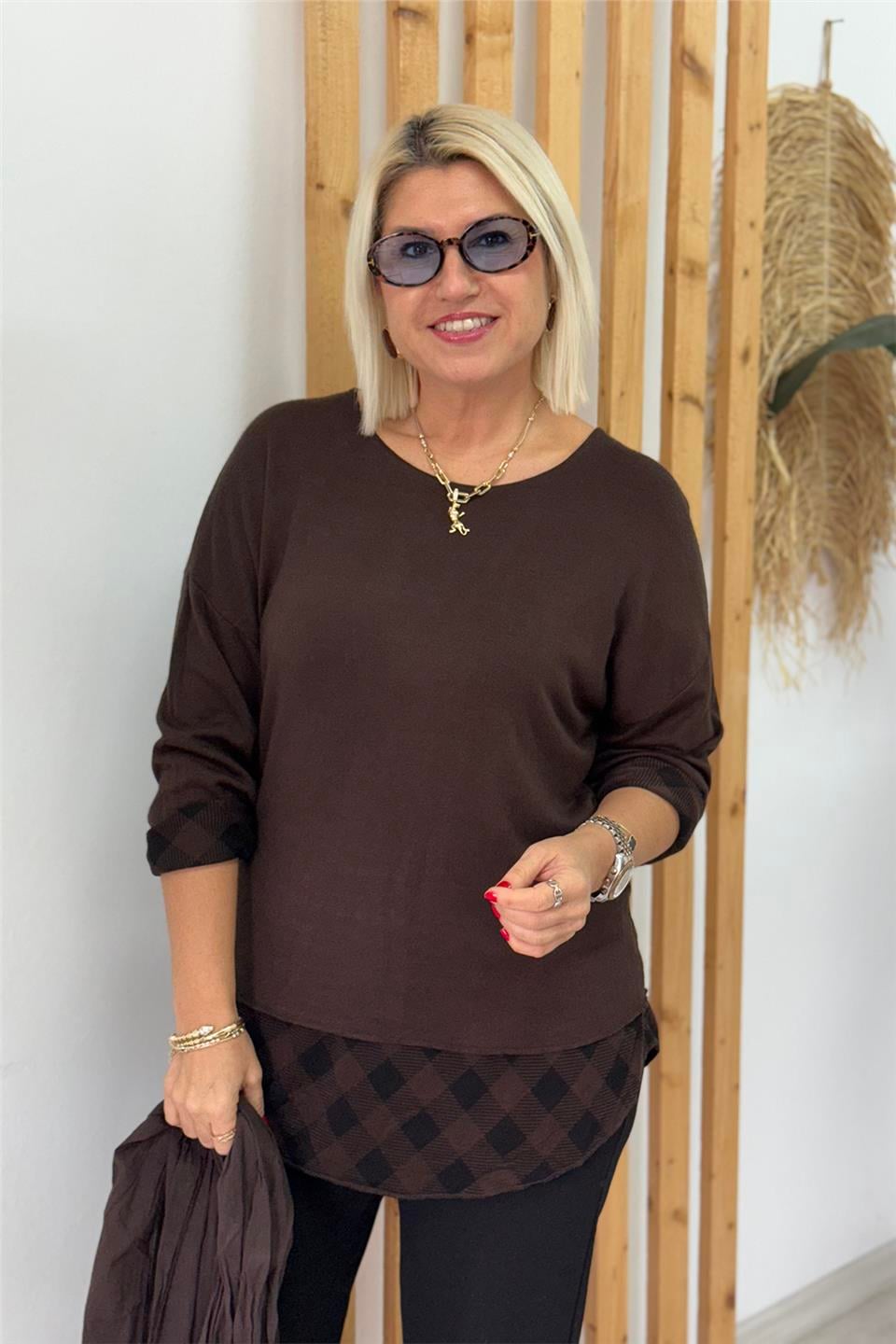 Kahve Fularlı Etek Ucu Ekose Lycralı BluzUBL2412258-KAHVE-STD