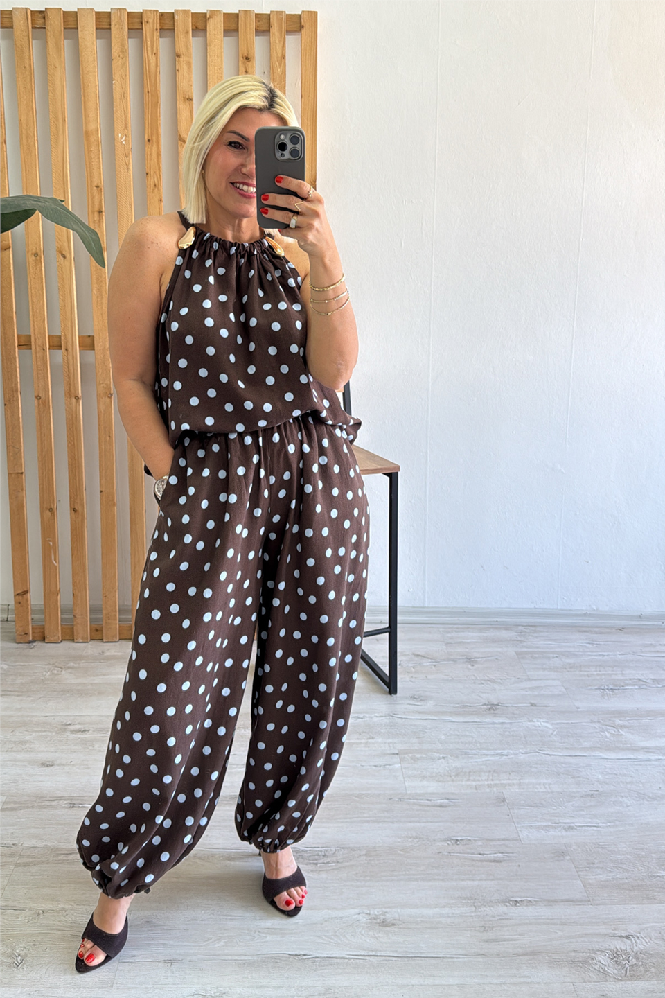 Kahve Halter Yaka Puantiyeli Pamuk Keten İkili TakımUTK25012016-KAHVE-S
