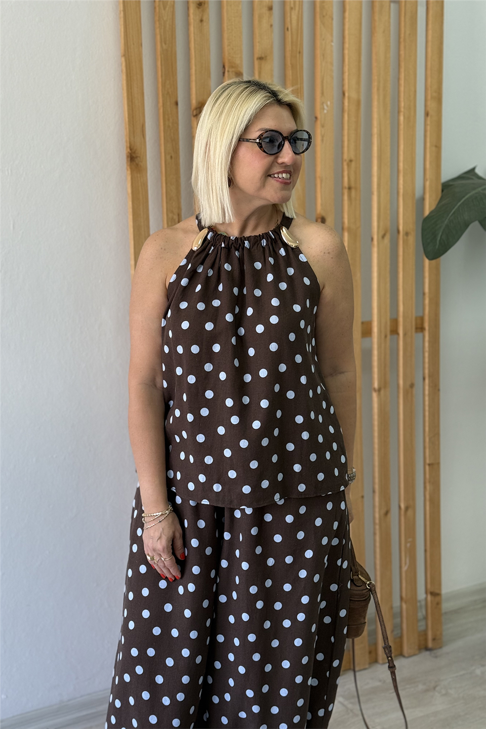 Kahve Halter Yaka Puantiyeli Pamuk Keten İkili TakımUTK25012016-KAHVE-S