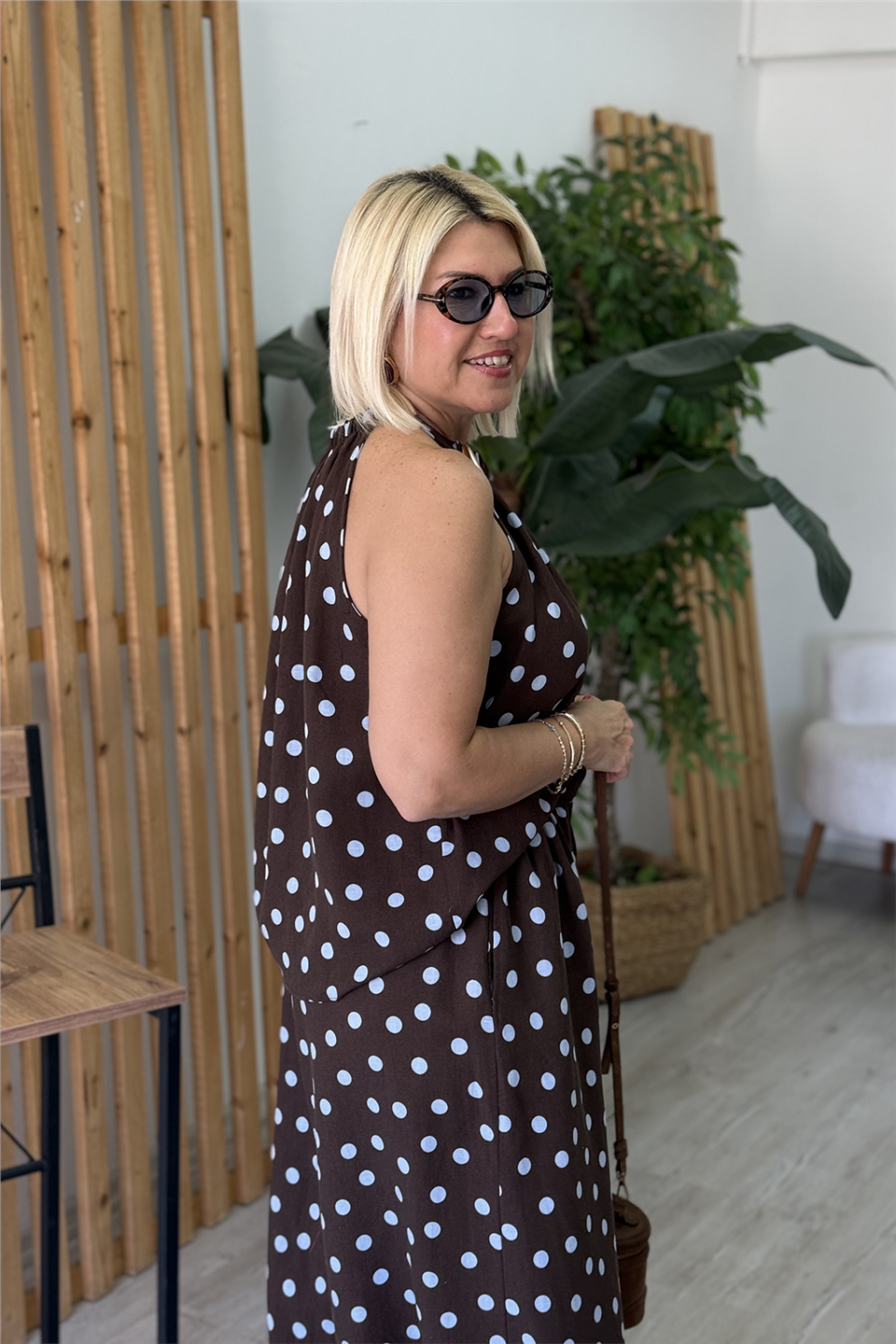 Kahve Halter Yaka Puantiyeli Pamuk Keten İkili TakımUTK25012016-KAHVE-S