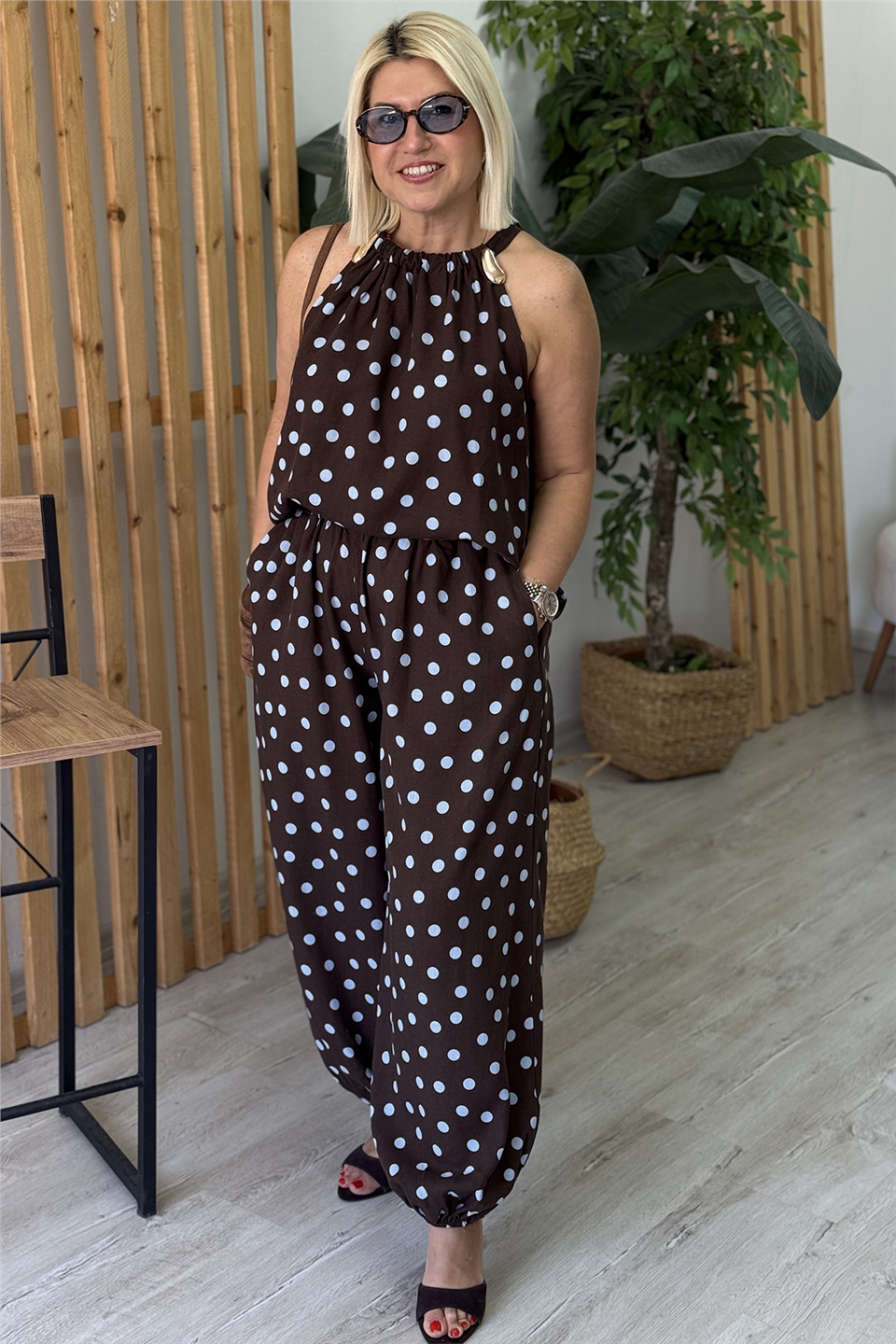 Kahve Halter Yaka Puantiyeli Pamuk Keten İkili TakımUTK25012016-KAHVE-S
