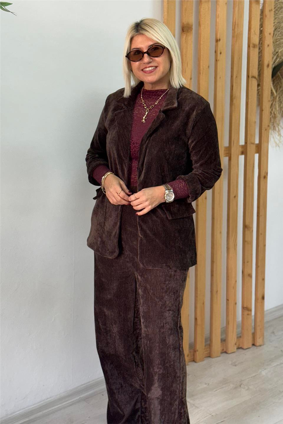 Kahve Kadife Tek Düğmeli Ceket Pantolon İkili TakımUTK2501189-KAHVE-STD