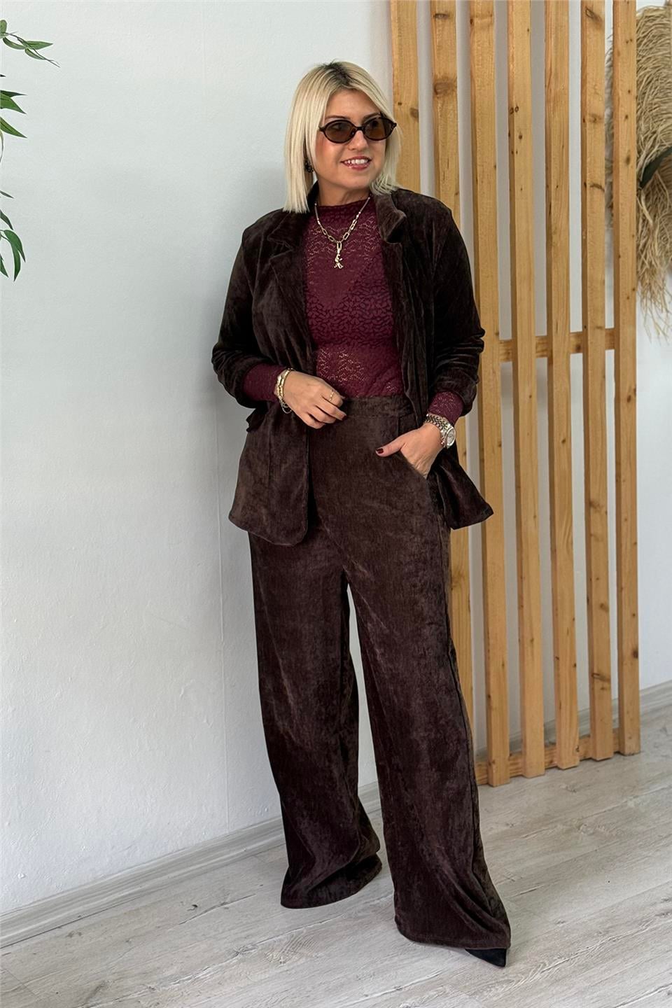 Kahve Kadife Tek Düğmeli Ceket Pantolon İkili TakımUTK2501189-KAHVE-STD