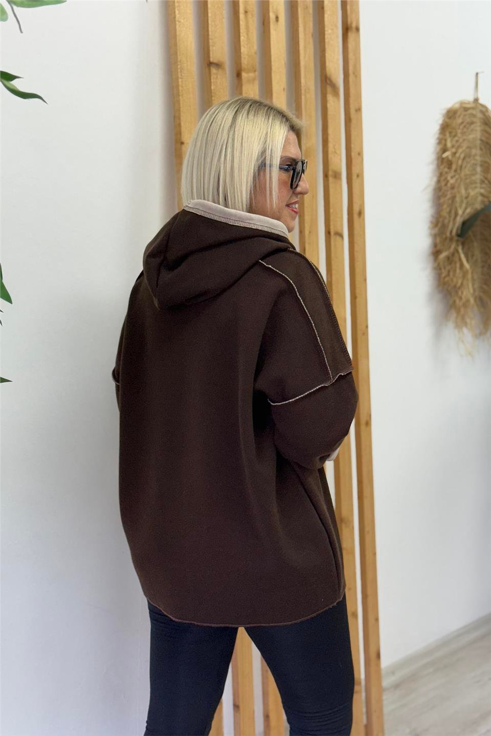 Kahve Kapüşonlu Kabartma Baskılı Örme Triko SweatUSW26001001-KAHVE-STD