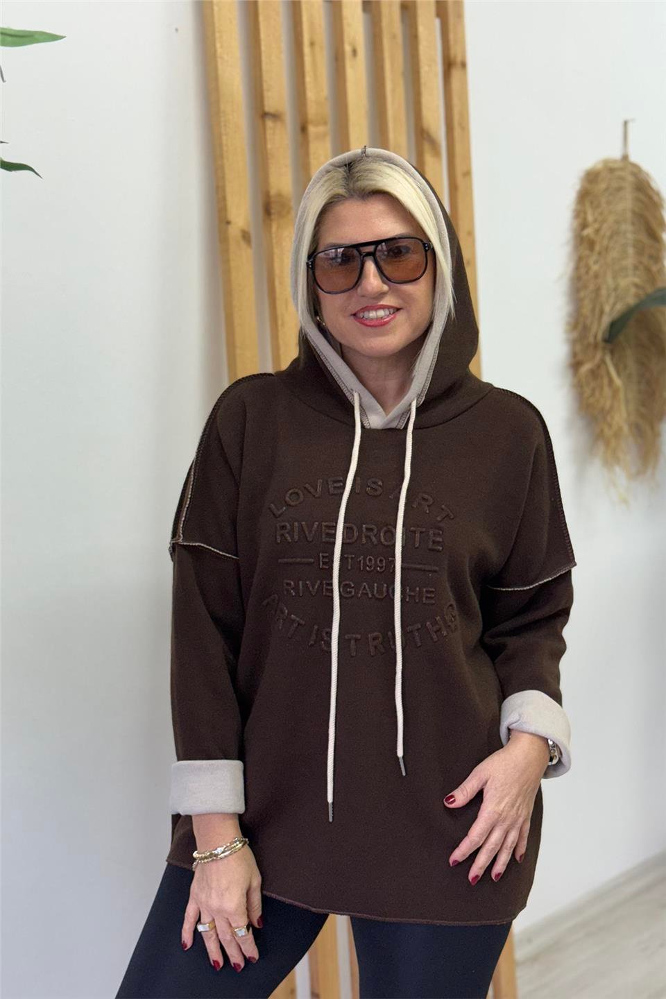 Kahve Kapüşonlu Kabartma Baskılı Örme Triko SweatUSW26001001-KAHVE-STD