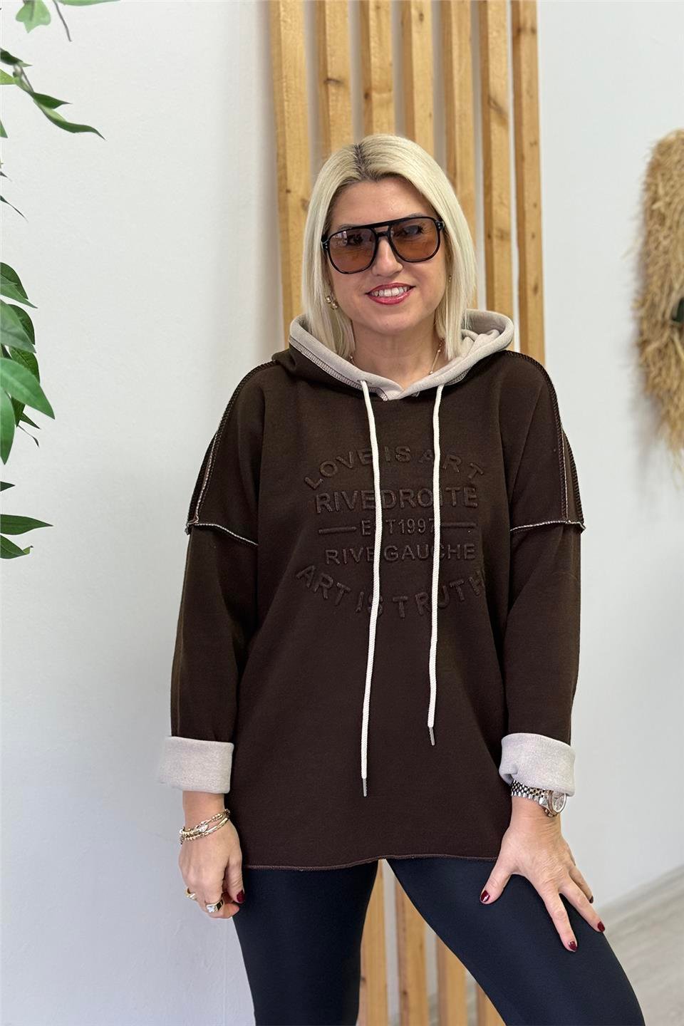 Kahve Kapüşonlu Kabartma Baskılı Örme Triko SweatUSW26001001-KAHVE-STD