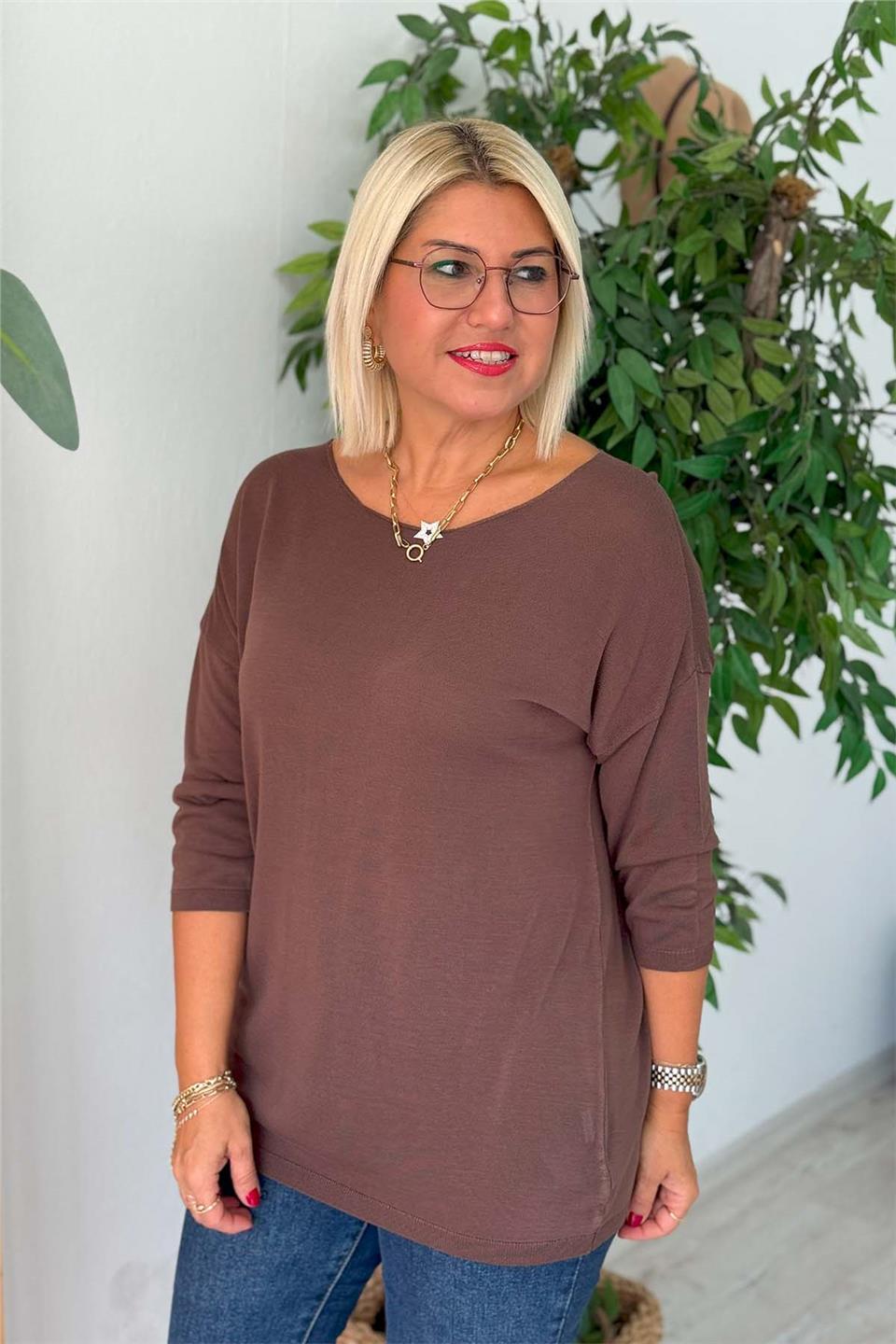 Kahve Kayık Yaka İnce Mevsimlik Basıc TrikoUT24110998-KAHVE-STD