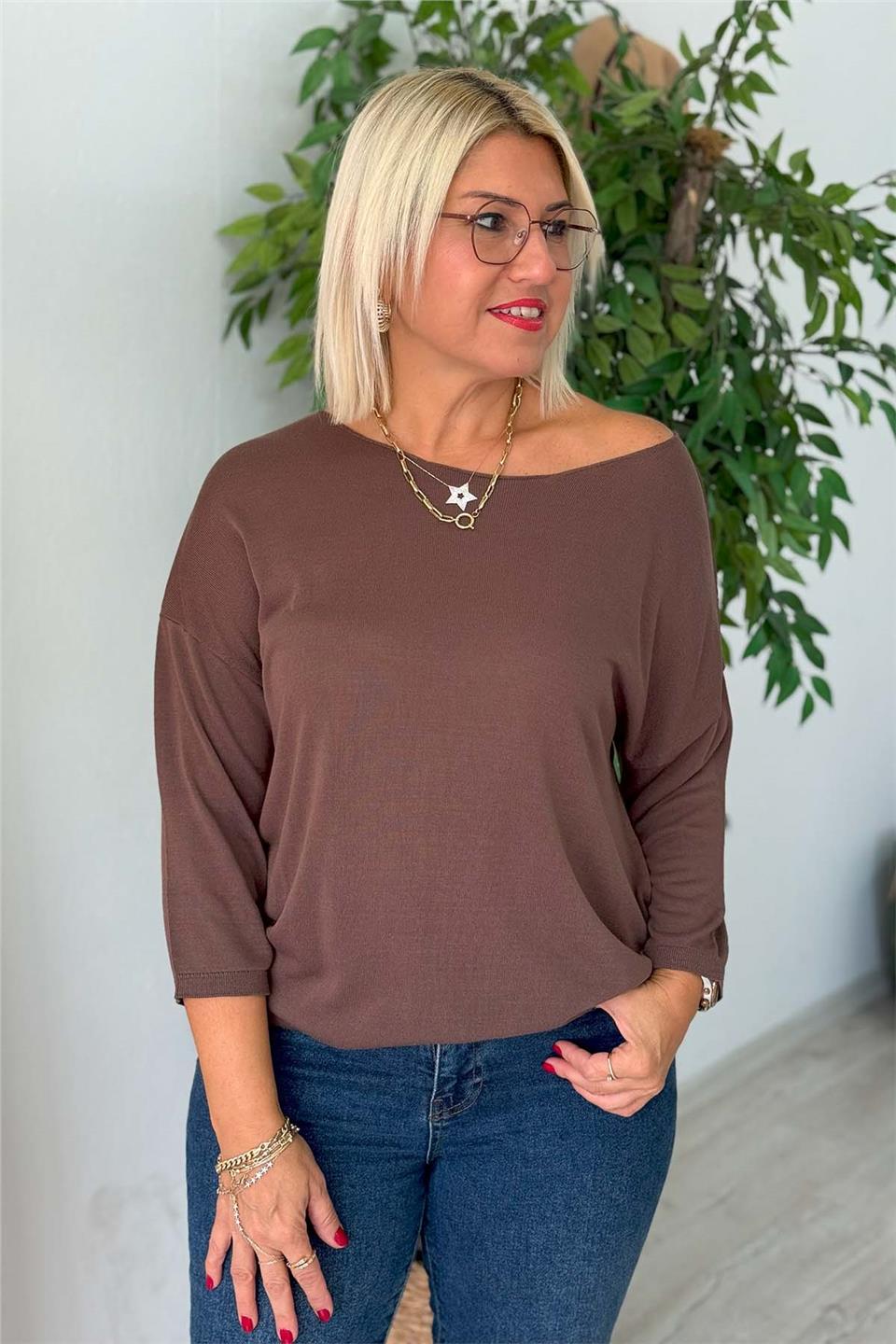 Kahve Kayık Yaka İnce Mevsimlik Basıc TrikoUT24110998-KAHVE-STD