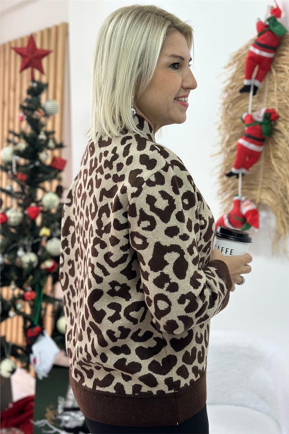 Kahve Leopar Desen Düğmeli HırkaUH24110910-KAHVE-STD