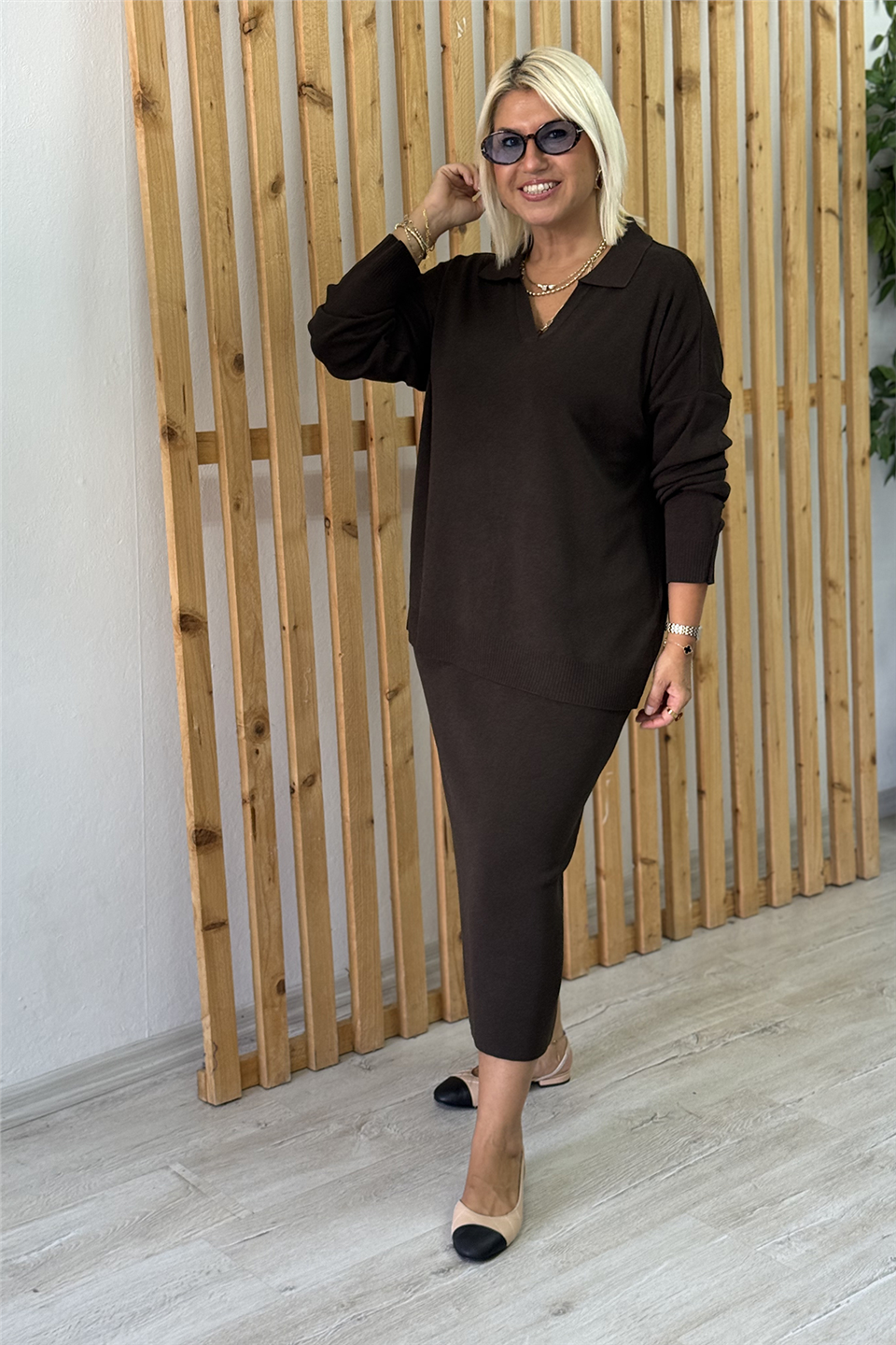 Kahve Polo Yaka Kalem Etekli Triko İkili TakımUTK25012026-KAHVE-STD