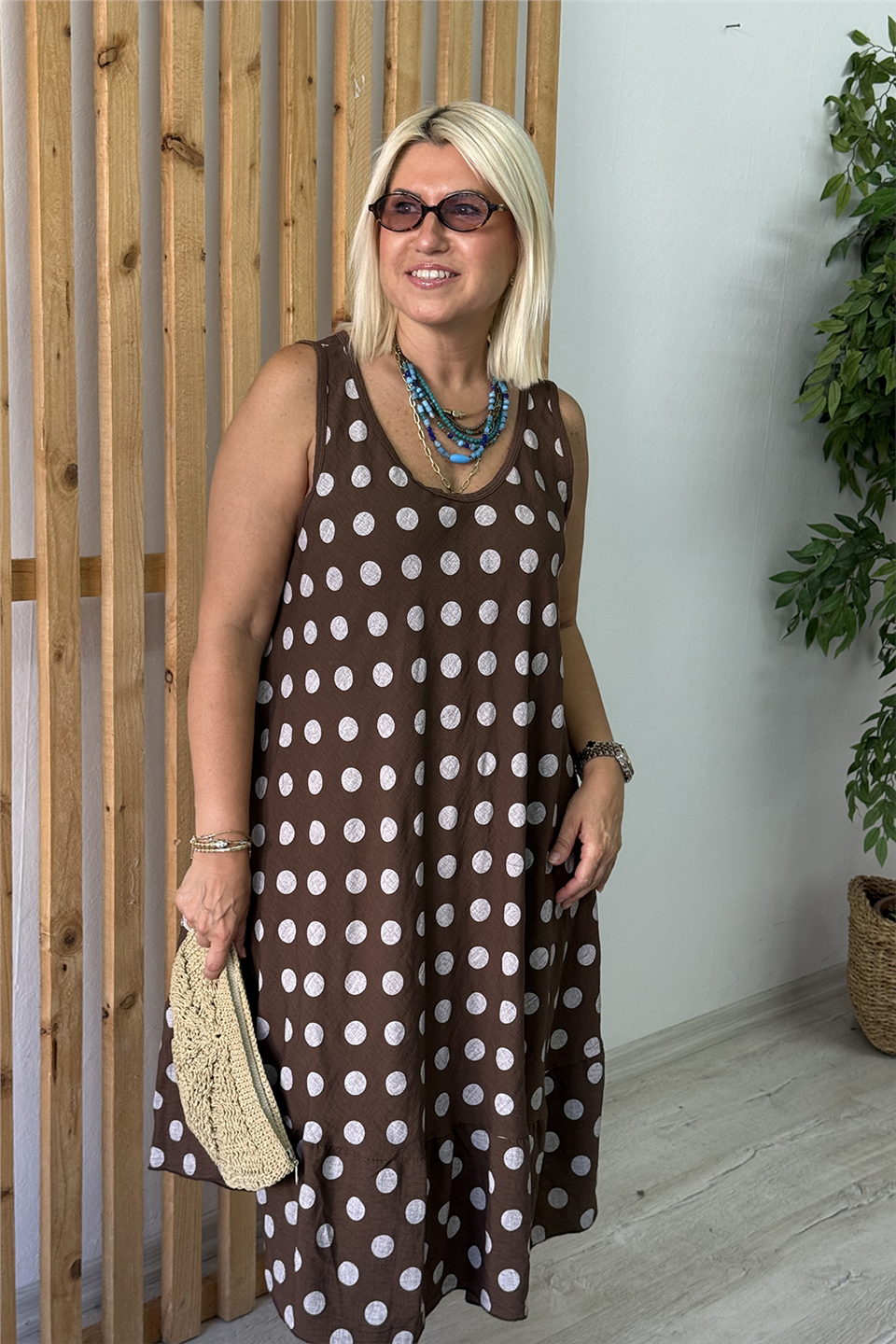 Kahve Puantiyeli Sıfır Kol Pamuk ElbiseELB26001085-KAHVE-STD