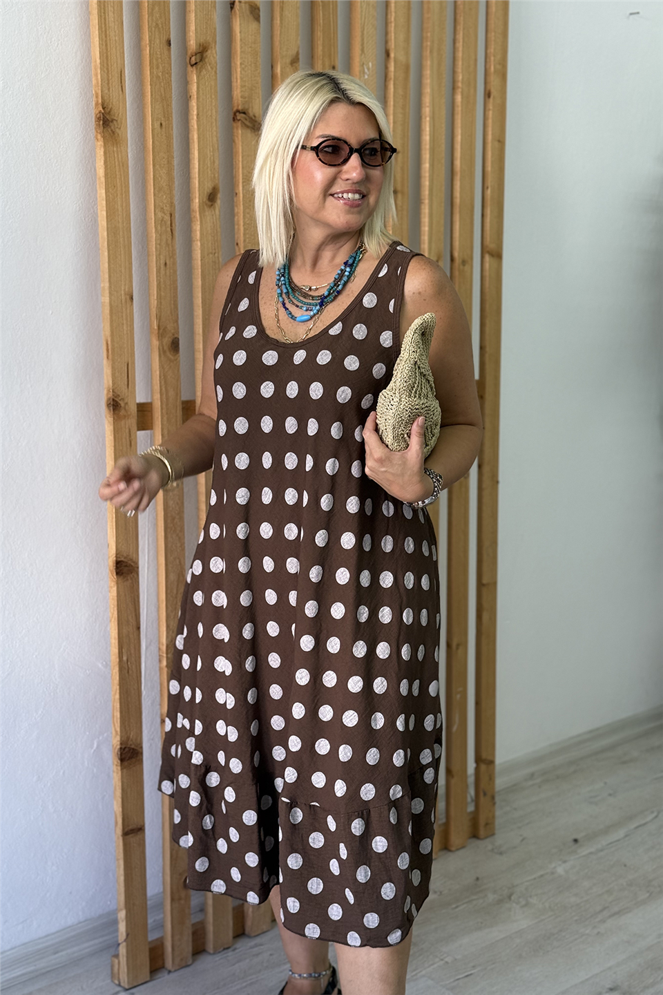 Kahve Puantiyeli Sıfır Kol Pamuk ElbiseELB26001085-KAHVE-STD
