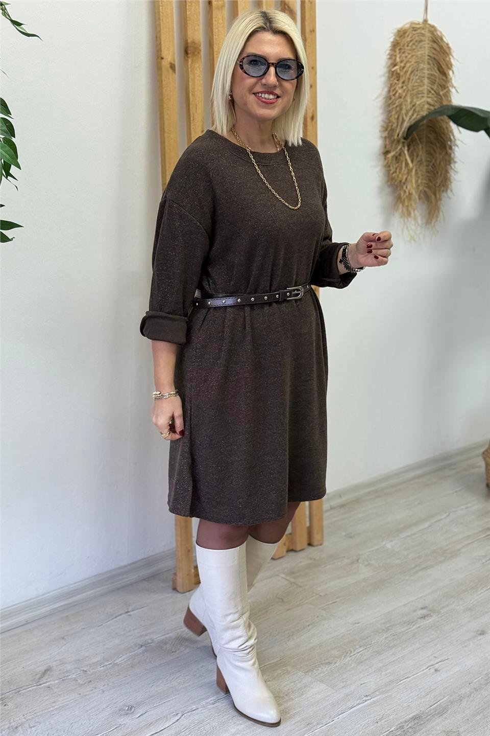 Kahve Taşlı Aksesuar İğneli Triko Örme ElbiseELB26001001-KAHVE-STD