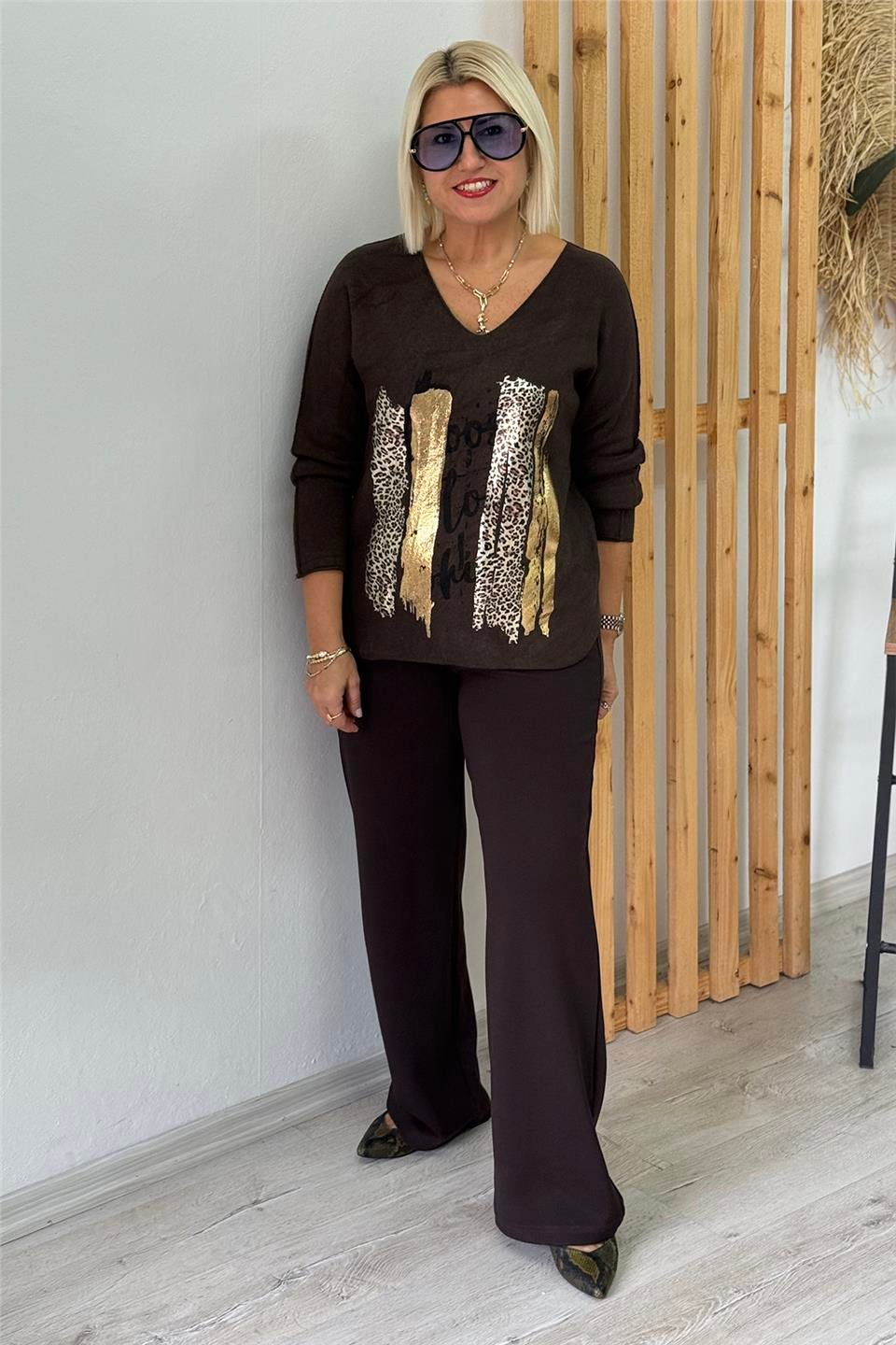 Kahve V Yaka Varak Leopar Baskılı Viscose KazakUT24111019-KAHVE-STD