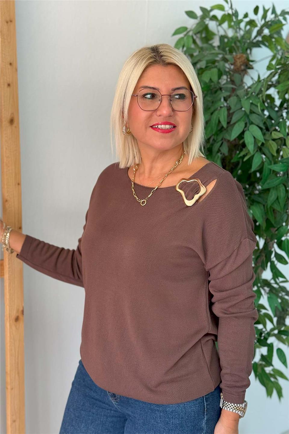 Kahve Yaka Aksesuarlı İnce Mevsimlik TrikoUT24110997-KAHVE-STD