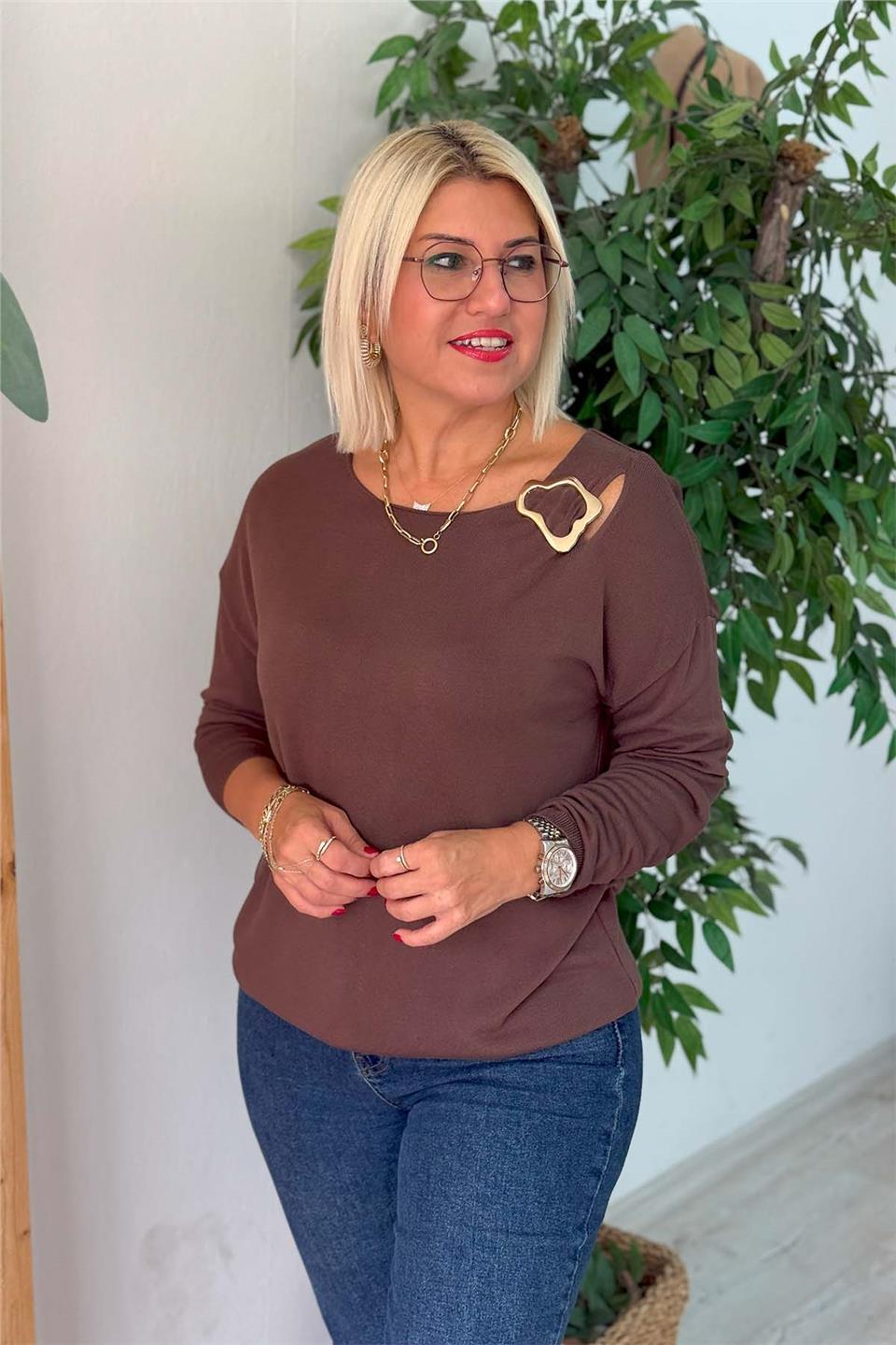 Kahve Yaka Aksesuarlı İnce Mevsimlik TrikoUT24110997-KAHVE-STD