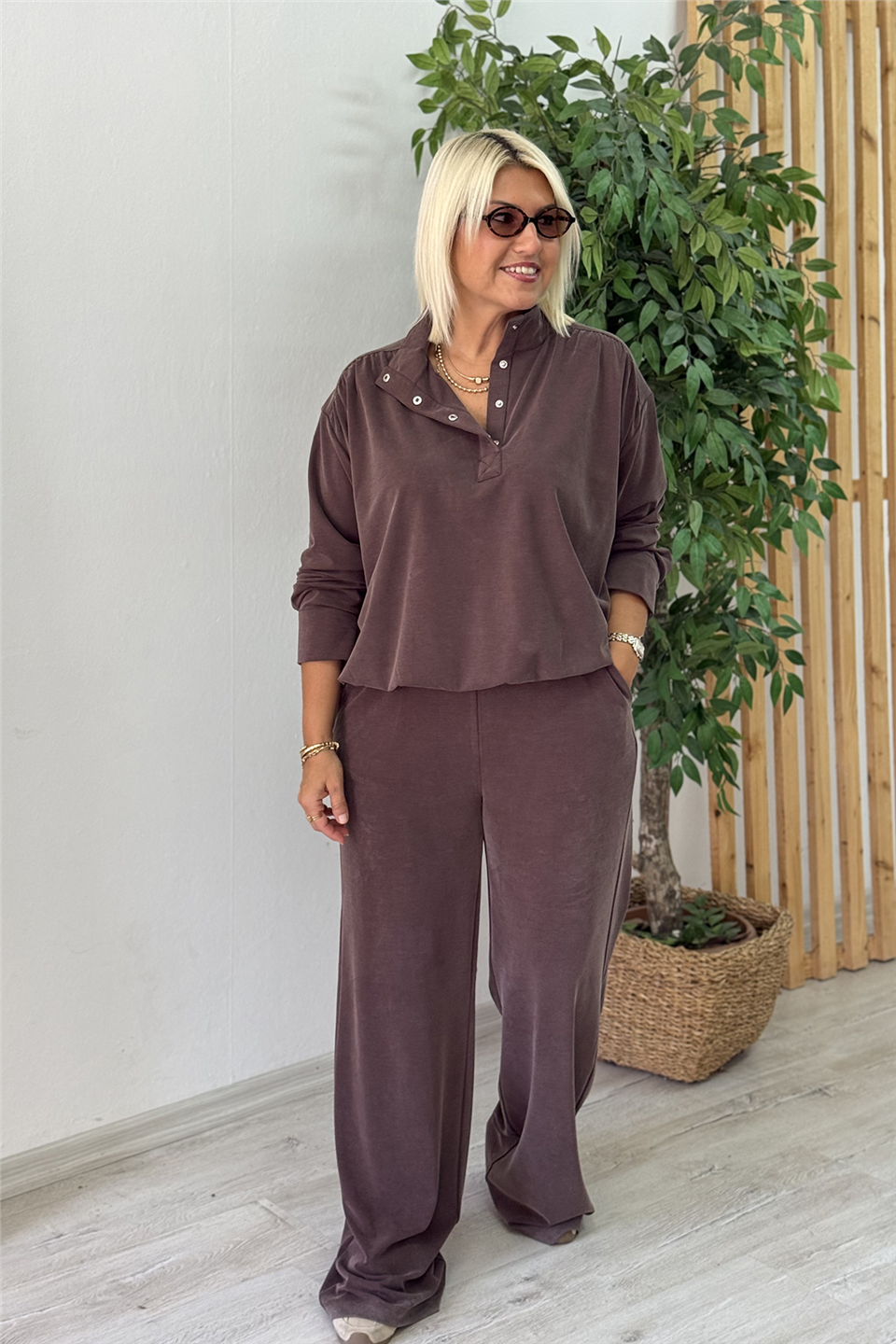 Kahve Yaka Çıt Çıtlı Bel Lastikli İkili Modal TakımUTK25012024-KAHVE-S