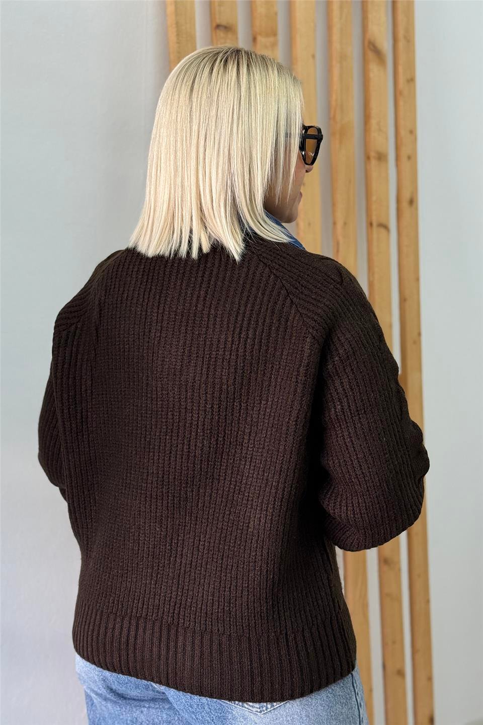 Kahve Yakası Denim Garnil Saç Örgülü KazakUT2601024-KAHVE-STD