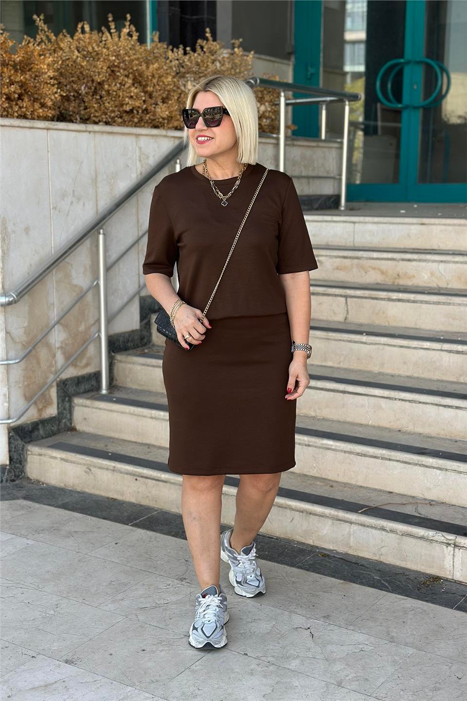 Kahverengi Bisiklet Yaka Beli Lastikli Mini ElbiseELB2401238-KAHVERENGI-42