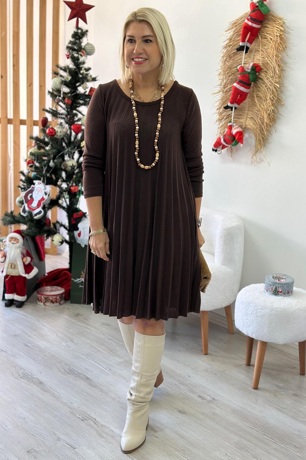 Kahverengi Pileli Örme Triko Kolyeli ElbiseELB2401210-KAHVE-STD